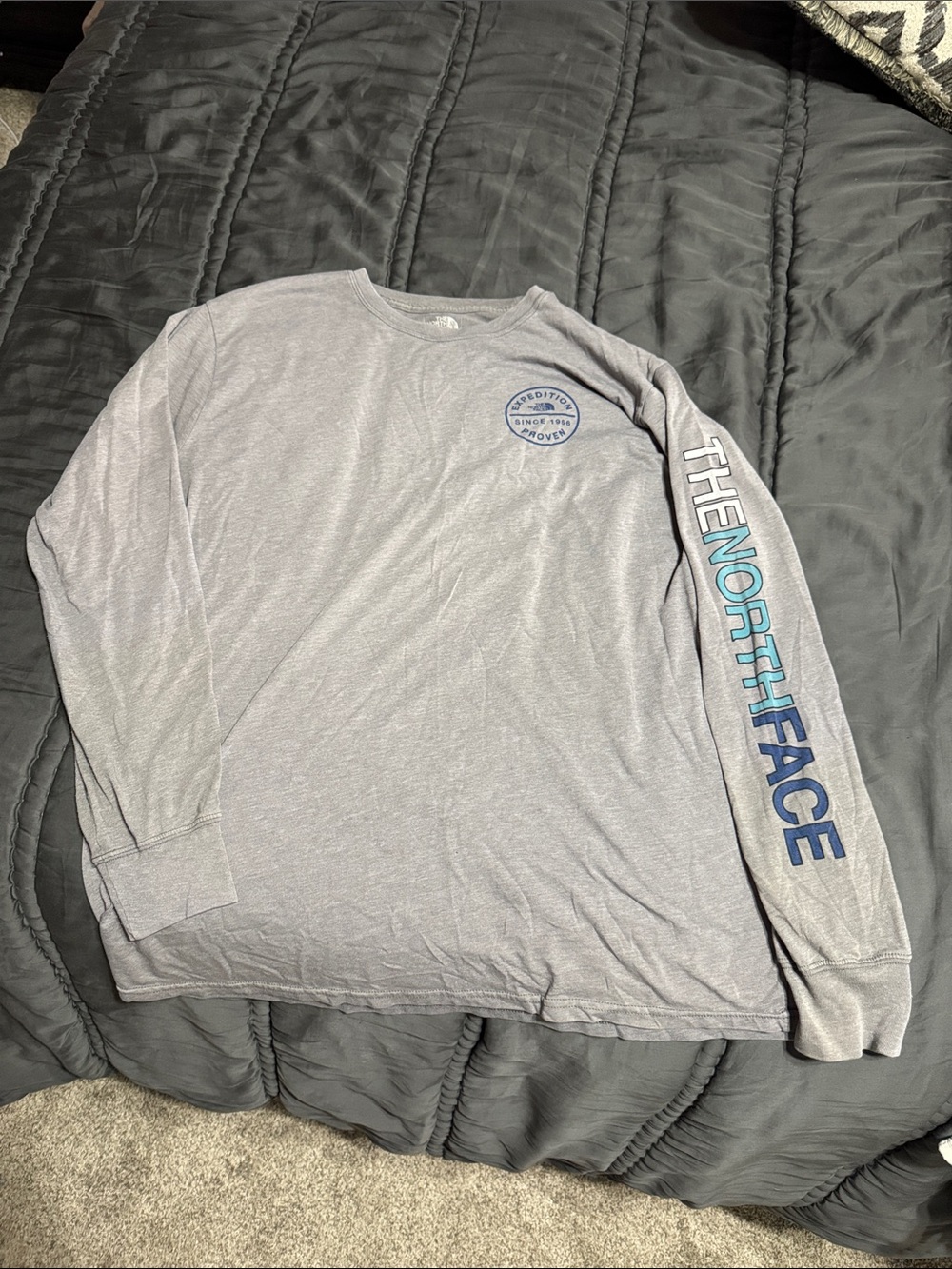 The North Face Men's Long Sleeve Crew - Heather Gray with Blue Logo